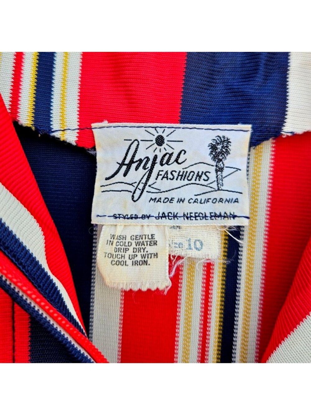Vintage 70s California Stripe Nylon Knit Dress Red White Blue Zip Front Womens M - Picture 3 of 14